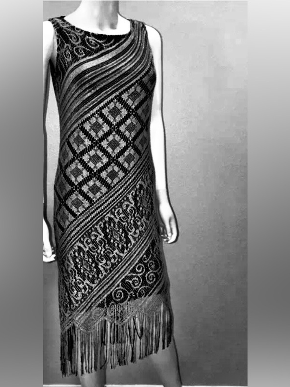 Sassy Fringe Black Dress Midi Crochet y2k Vintage